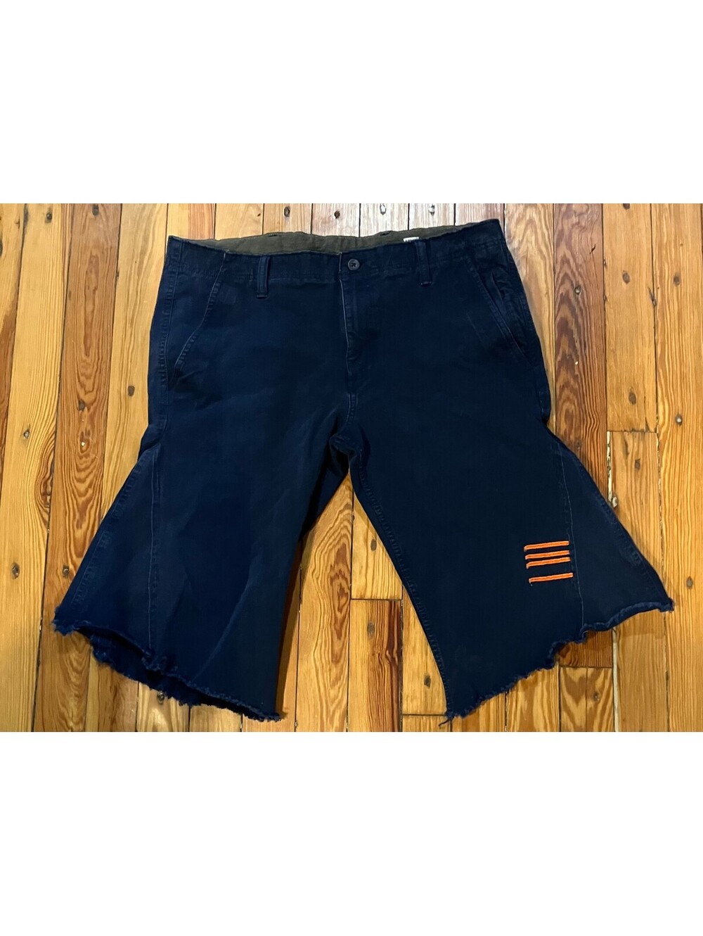 Levi's Reworked Flare Shorts 36 Navy Upcycled Bell Bottom Cut Off OOAK Unisex
